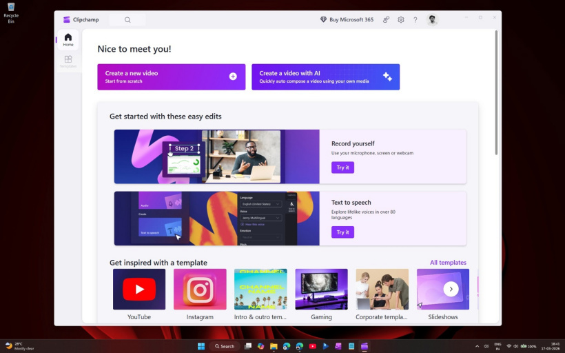 Microsoft Clipchamp open in Windows desktop