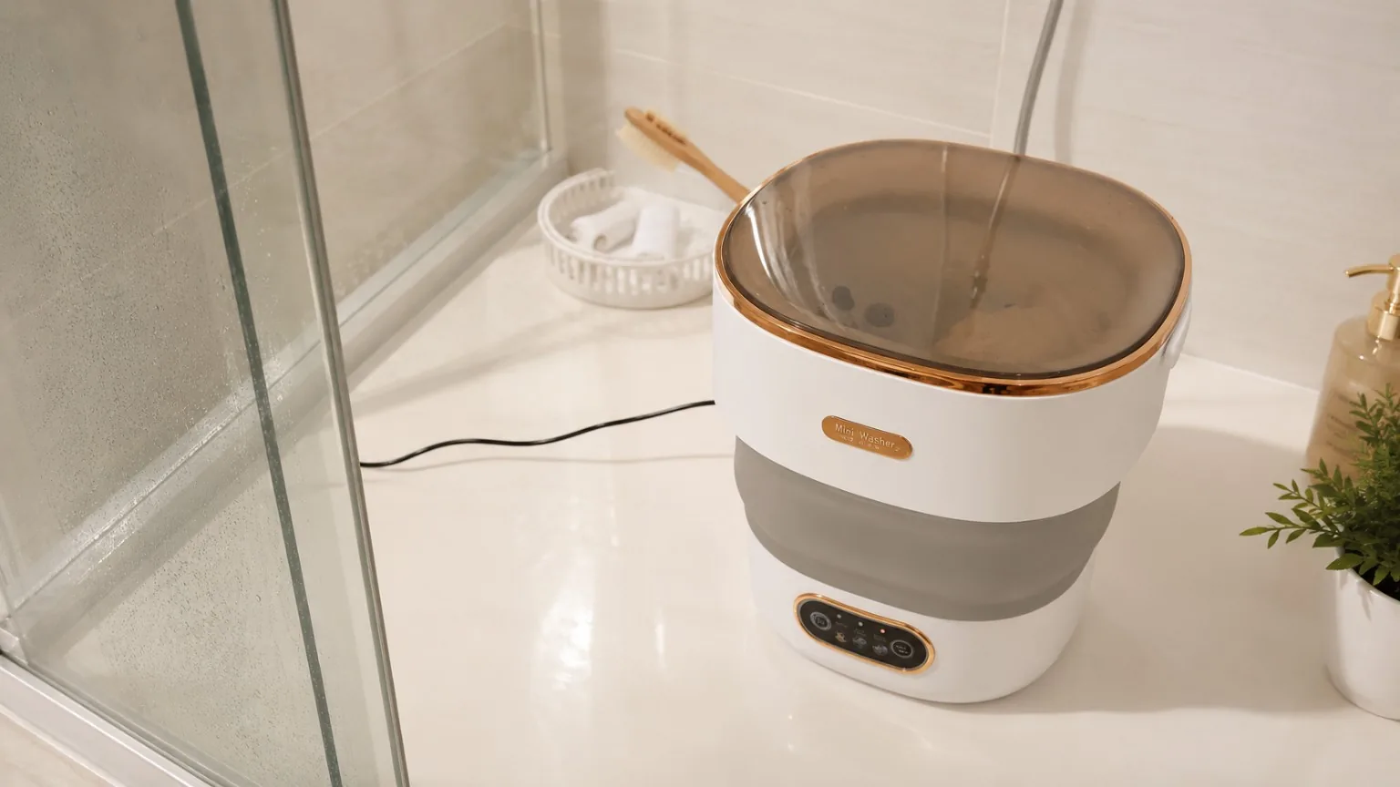 Mini lavatrice portatile da 13 litri utilizzata accanto alla doccia