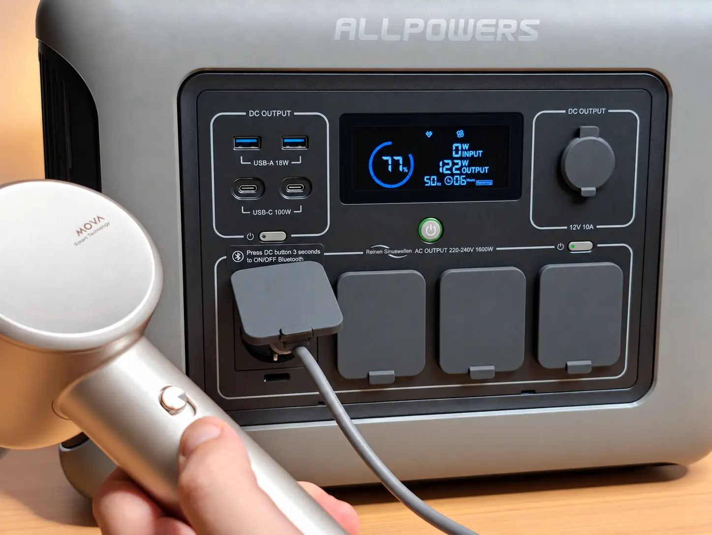 Test della ALLPOWERS R1500 LITE con asciugacapelli MOVA