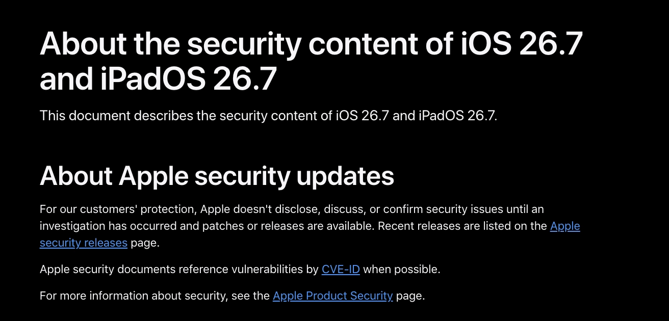 苹果 iOS / iPadOS 26.7 正式版发布:修复安全问题