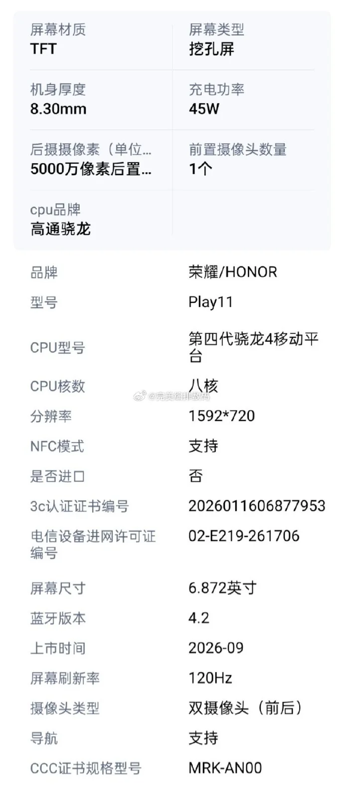 荣耀 Play11 手机规格曝光:骁龙 4 Gen4 处理器、6.87 英寸 120Hz LCD 屏