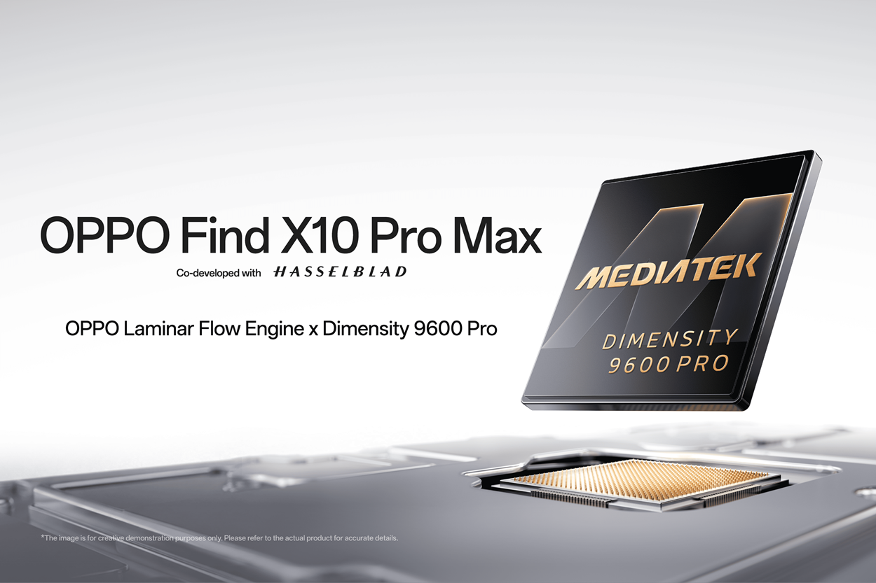 OPPO Find X10 Pro Max con chipset MediaTek Dimensity 9600 Pro, grafica stampa illustrativa