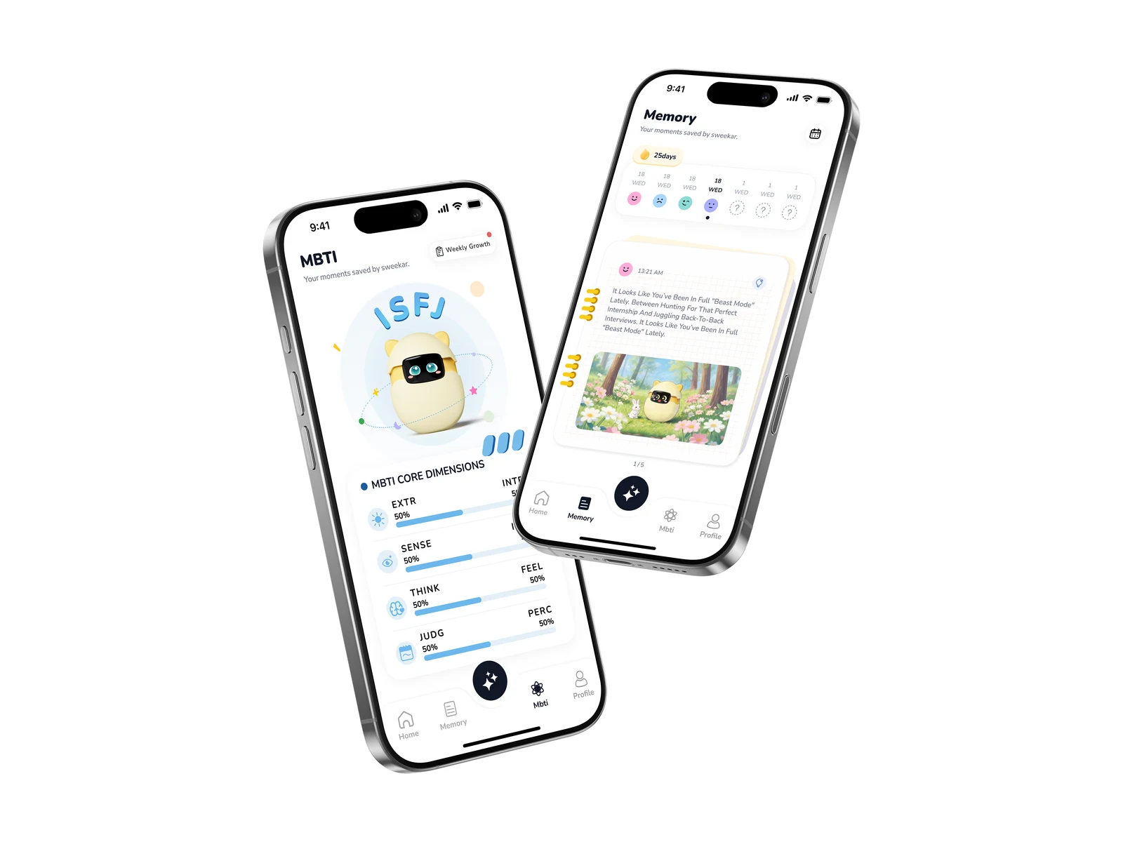 Schermate dell'app Sweekar dedicate a personalità e memoria del pet AI