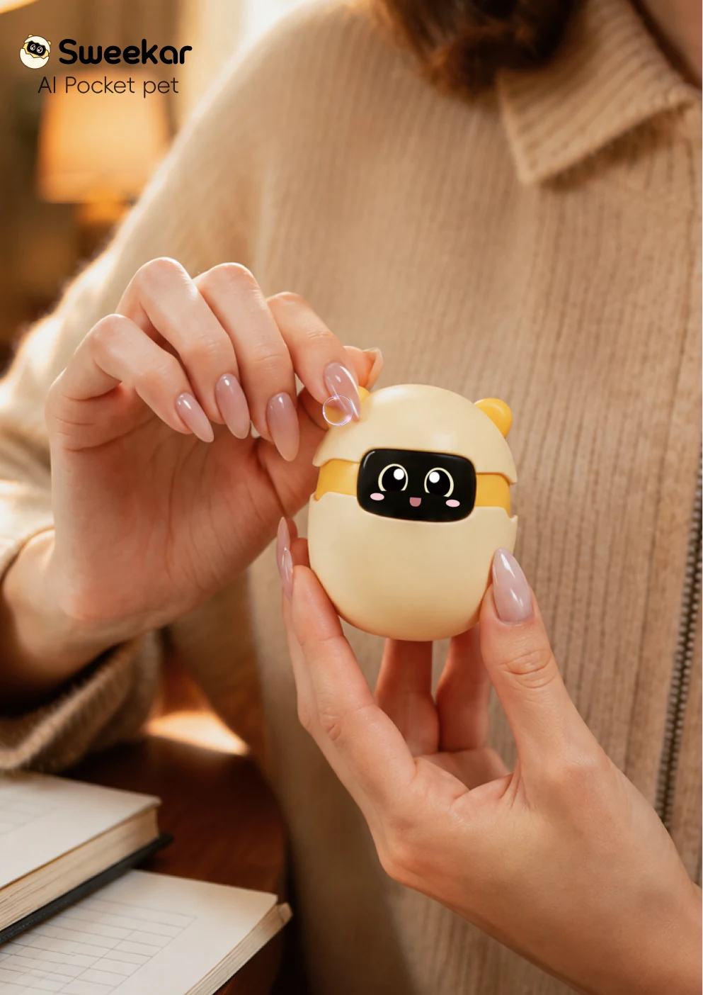 Sweekar AI Pocket Pet adulto tenuto nel palmo di una mano