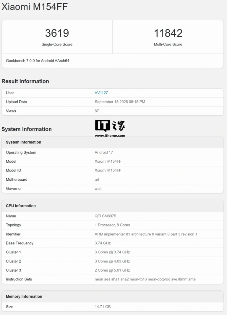 Xiaomi 18 Pro appare su Geekbench con Snapdragon 8 di sesta generazione e 16 GB di RAM
