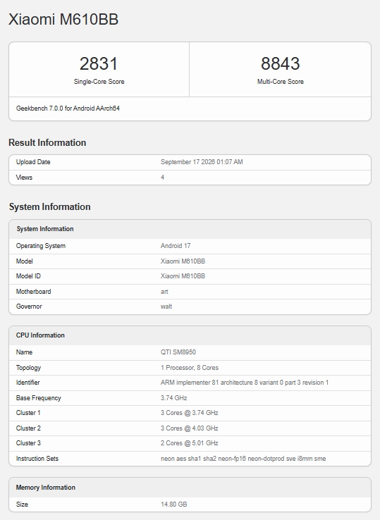 Xiaomi 18 Pro appare su Geekbench con Snapdragon 8 Elite Gen6