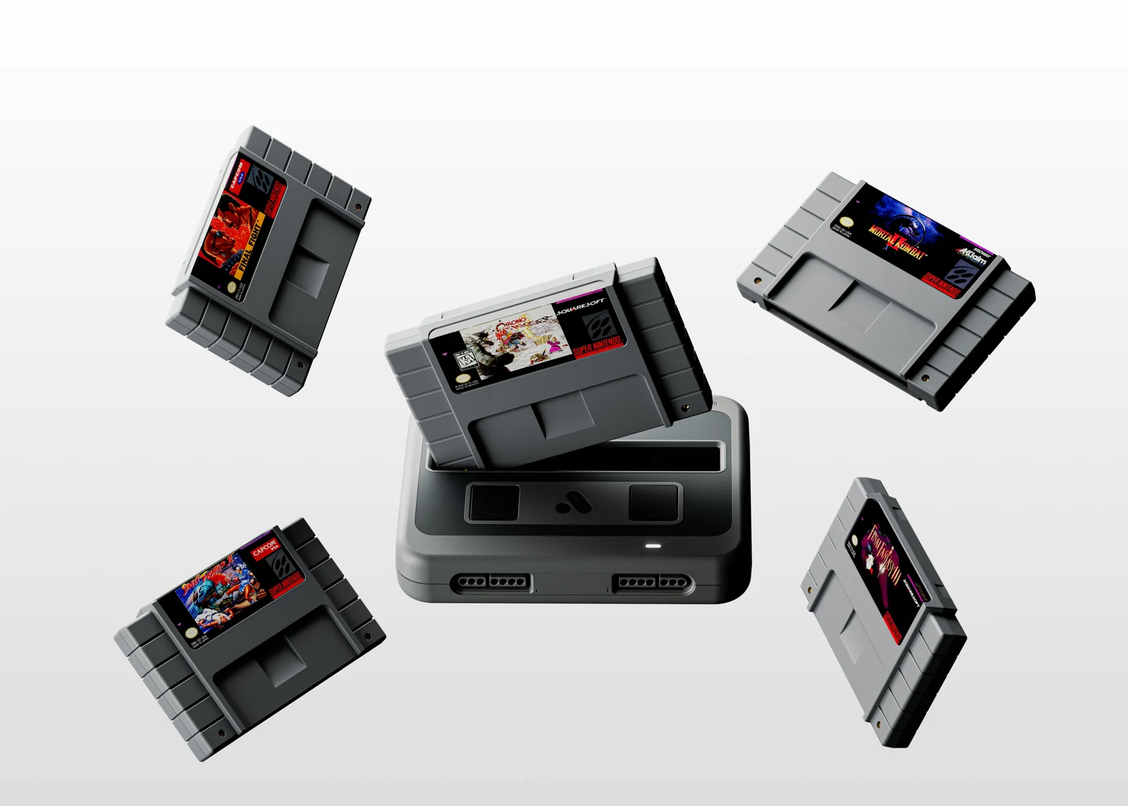 Analogue Super Nt+ con cartucce originali Super Nintendo nell’immagine ufficiale