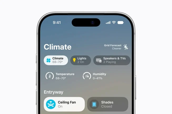 Schermata Climate dell'app Casa con temperature e dati energetici