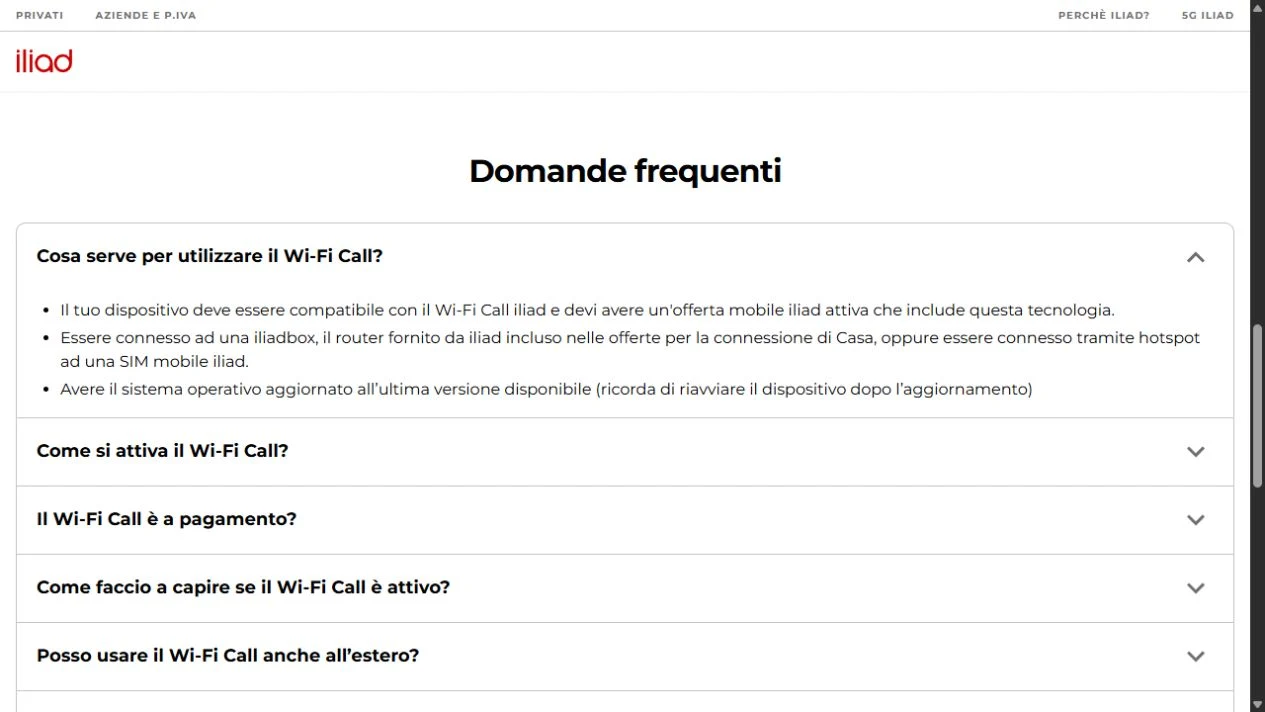 FAQ ufficiali iliad Wi-Fi Call sui requisiti di rete, offerta e dispositivo