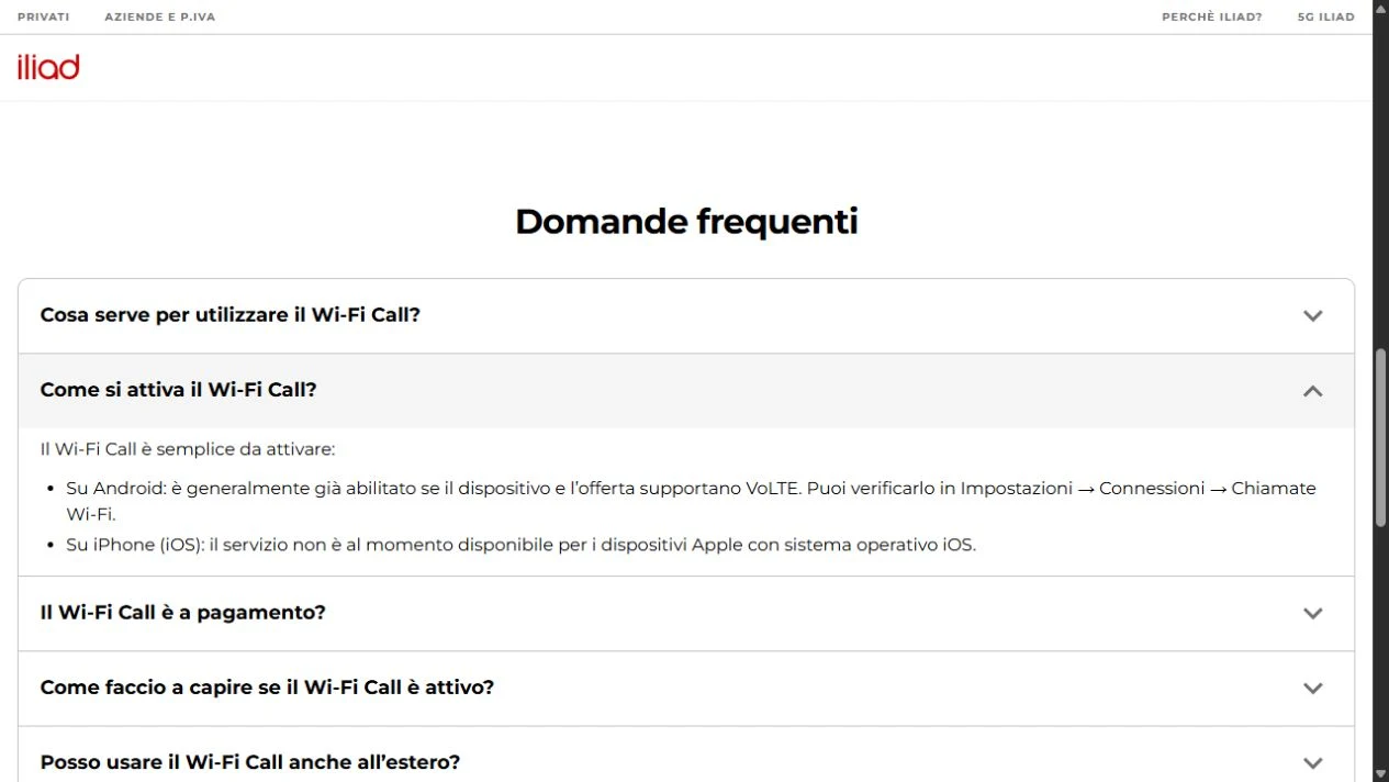 FAQ iliad Wi-Fi Call con attivazione Android ed esclusione attuale di iPhone