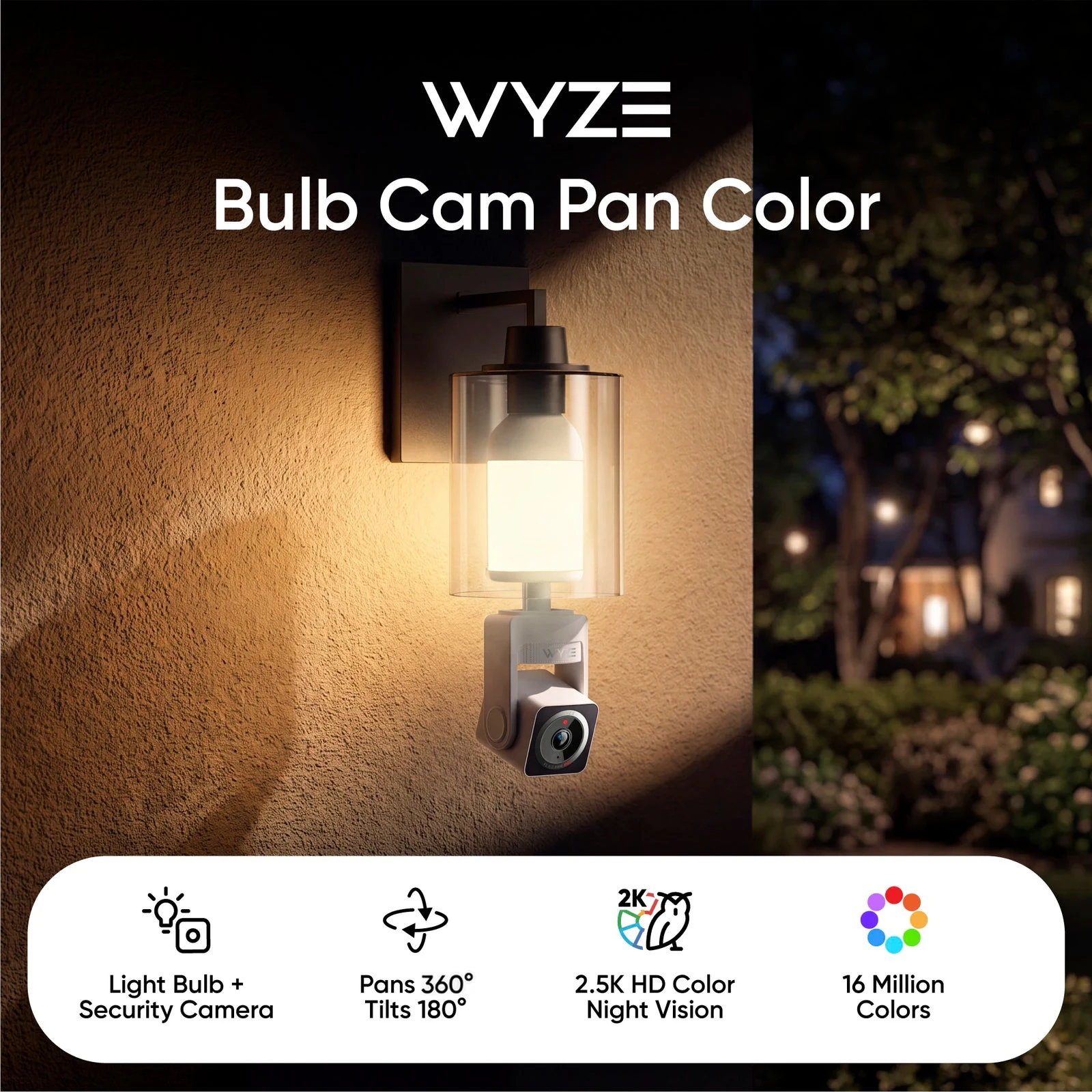 Wyze Bulb Cam Pan Color installata in una lampada da esterno, visual ufficiale