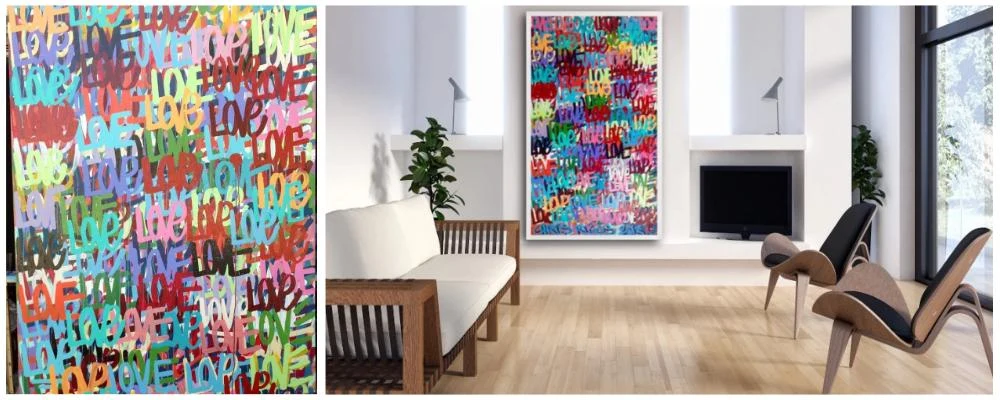 Esempio Etsy: foto reale di un quadro e ambientazione modificata con AI che ne rispetta l’aspetto