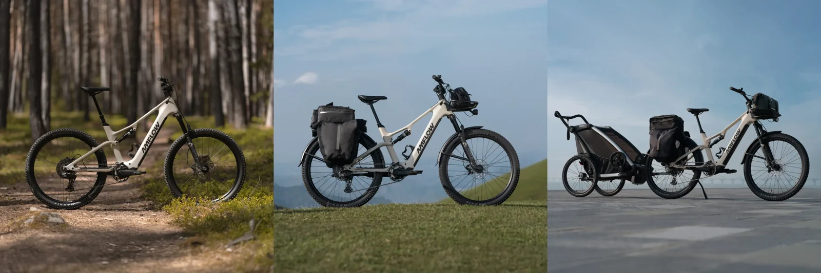 Configurazioni dimostrative di Amflow TL Carbon per sentieri, cicloturismo e rimorchio