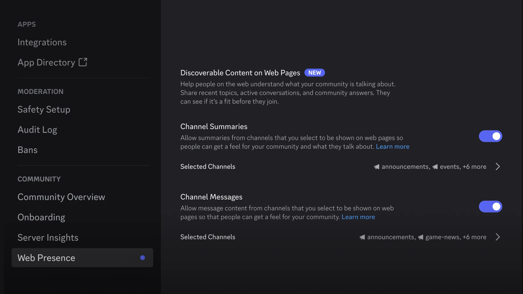 Controlli ufficiali Web Presence di Discord per amministratori, con opzioni separate per riepiloghi e messaggi