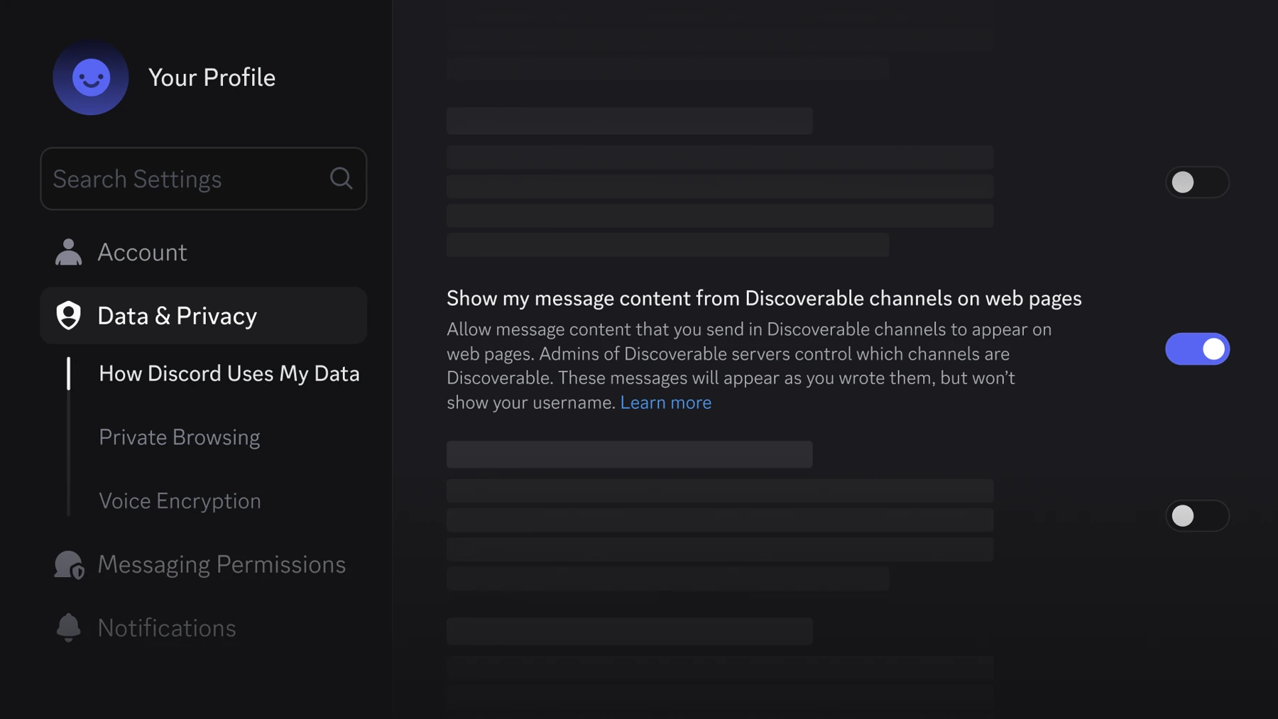 Schermata ufficiale Discord dell’opzione per mostrare sul web i propri messaggi dei canali Discoverable