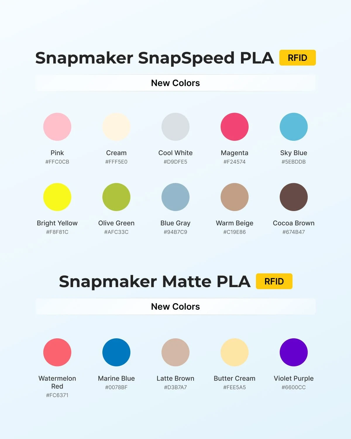Nuovi colori di filamento Snapmaker SnapSpeed e Matte PLA