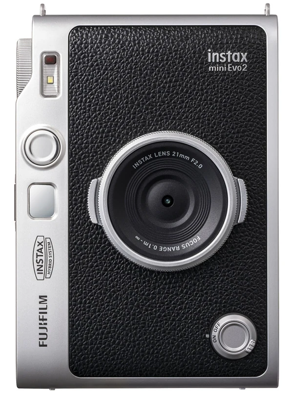 Fujifilm instax mini Evo 2 vista frontale, con obiettivo e flash