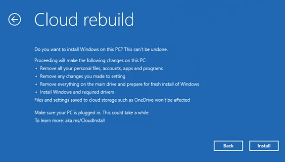 Avviso ufficiale Microsoft Cloud rebuild che segnala la rimozione di file personali account applicazioni e impostazioni