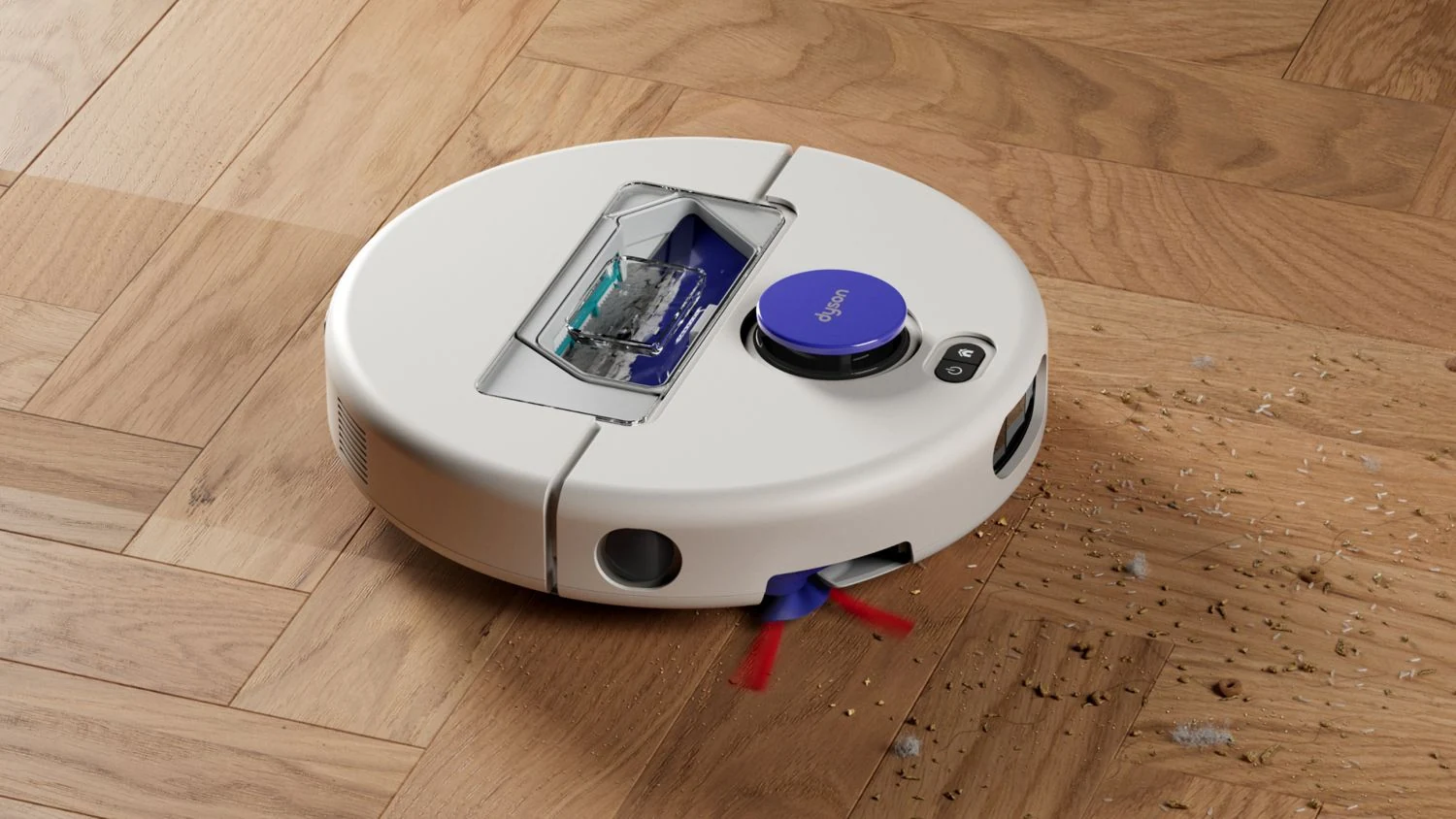 Dyson R1 Nurovi Dry durante la raccolta dei detriti su un pavimento