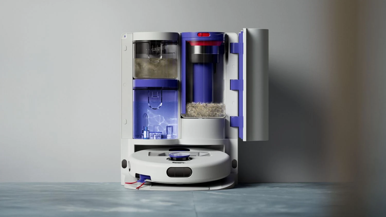Dyson R2 Nurovi Wash+Dry nella sua base ciclonica, mostrata in sezione