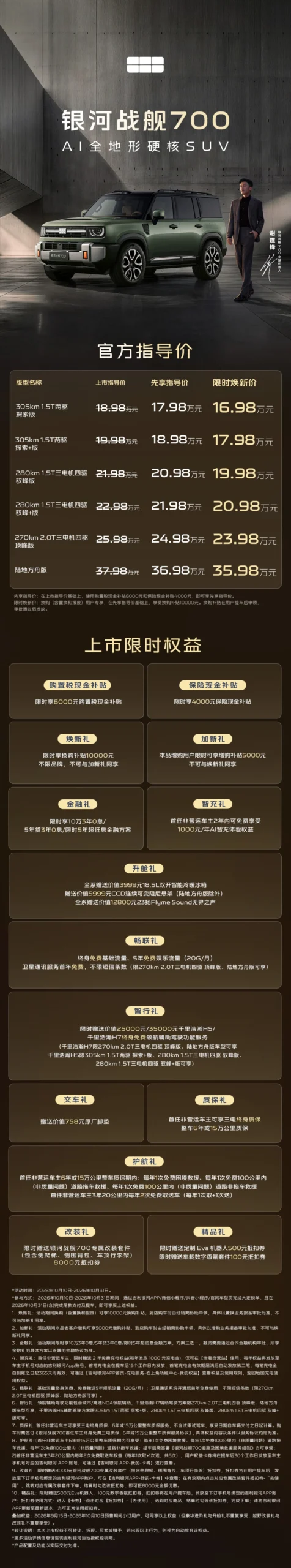 吉利首款 AI 全地形硬核 SUV:银河战舰 700 全球上市,限时焕新价 16.98 万元起