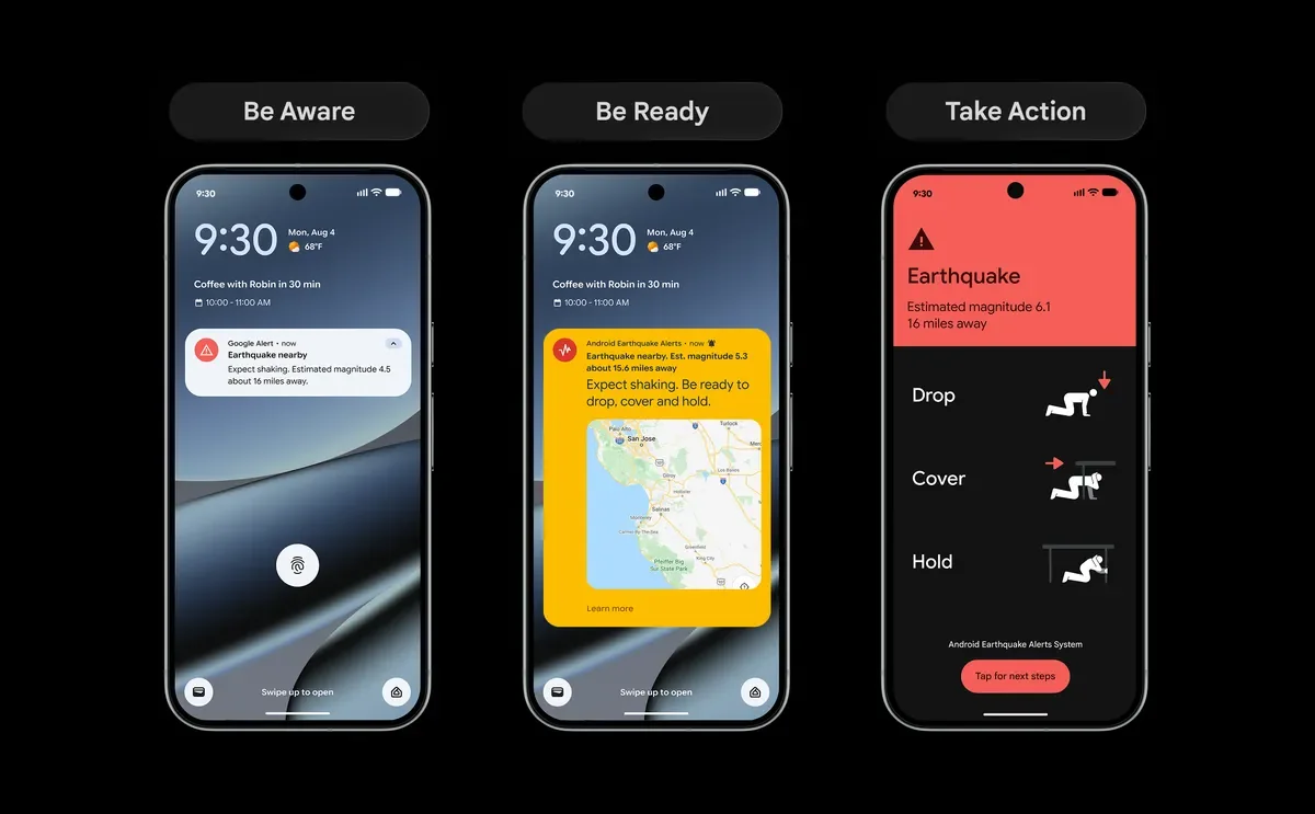 I tre livelli di avviso terremoto Android mostrati su smartphone