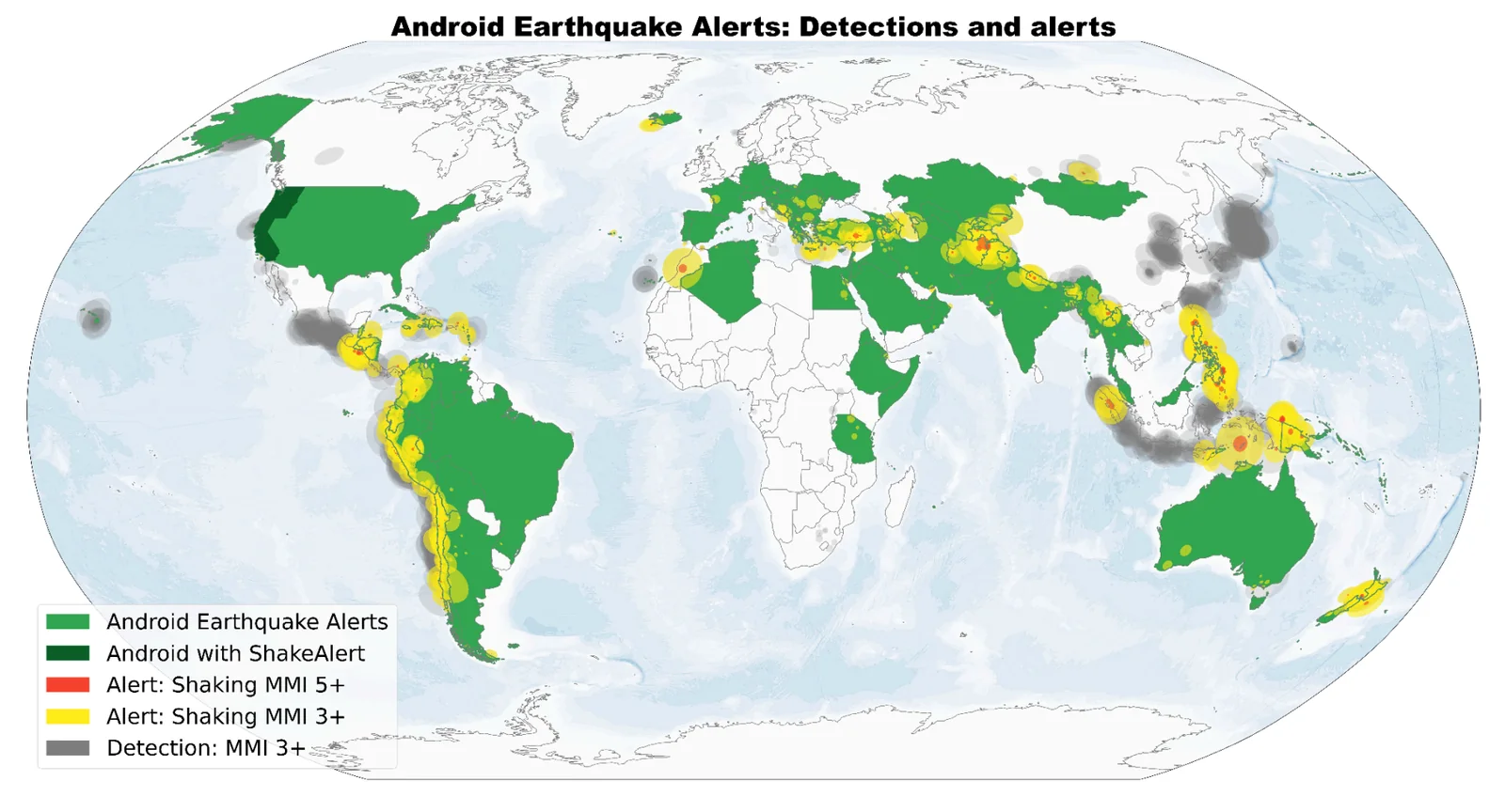 Mappa Google Research del sistema Android Earthquake Alerts nel 2025