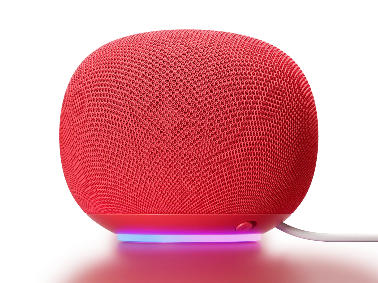 Google Home Speaker Berry visto di lato, con interruttore del microfono e alimentazione