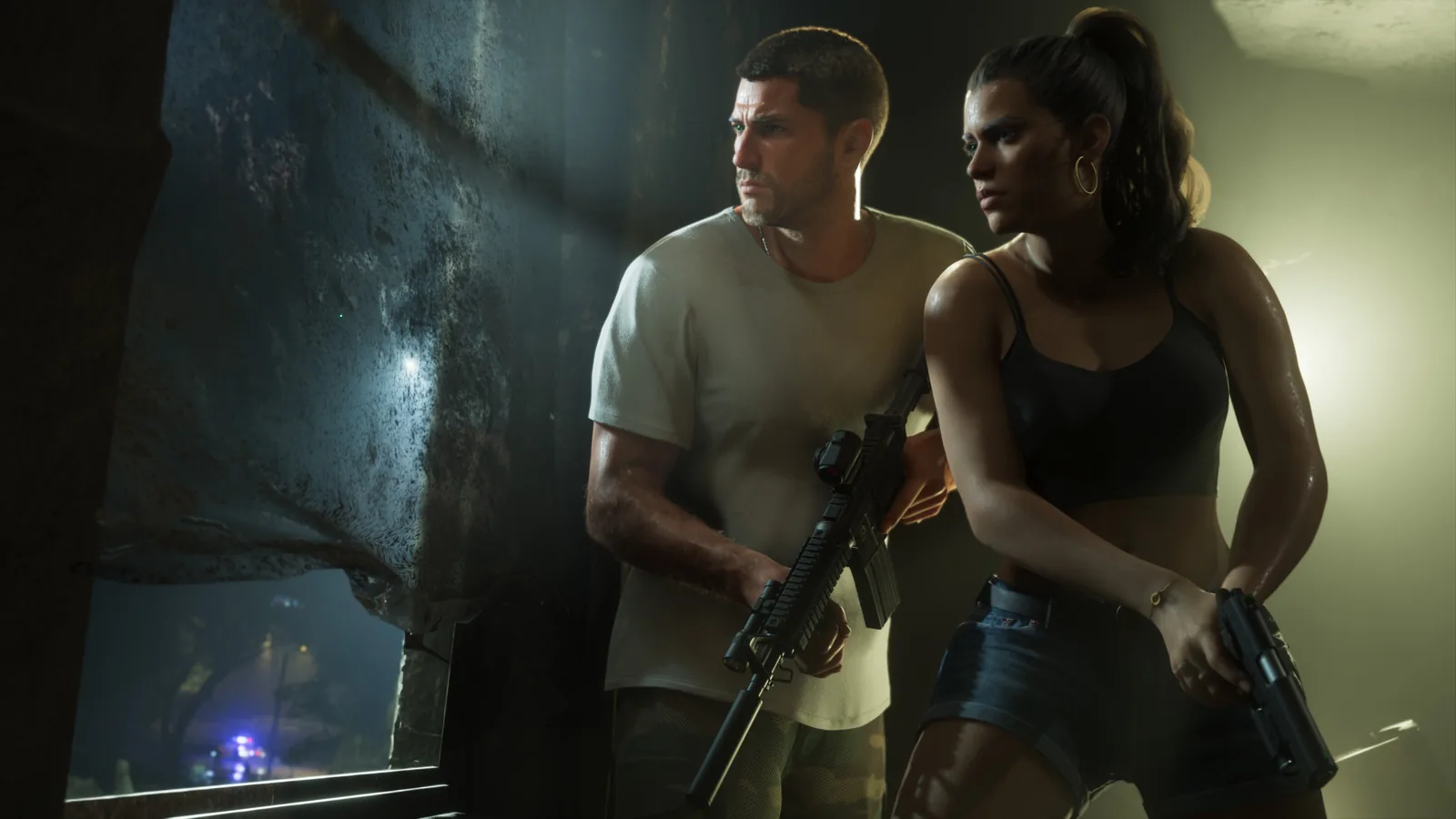 Jason e Lucia in una sequenza d'azione di Grand Theft Auto VI