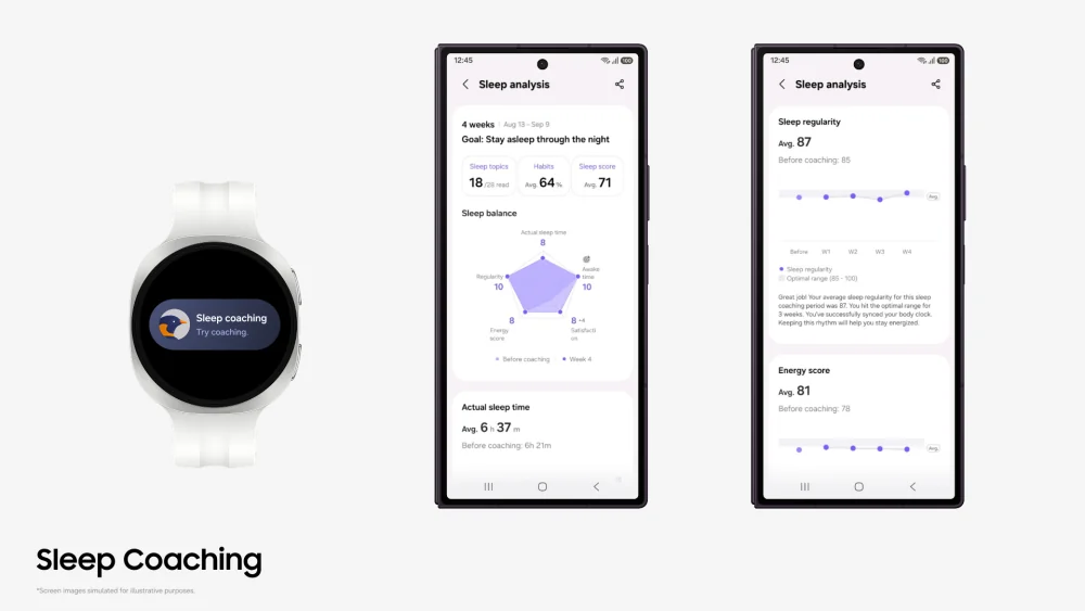Schermate Sleep Coaching su smartphone e Galaxy Watch