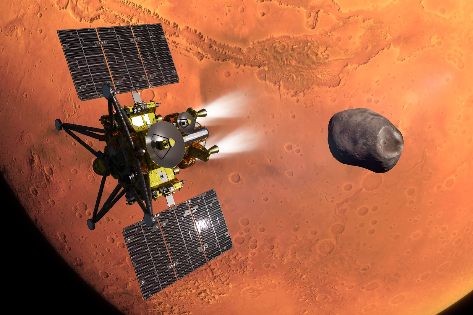 Illustrazione JAXA della sonda MMX presso Marte e Phobos, non una foto del lancio