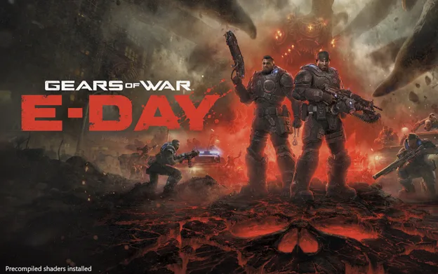 Gears of War E-Day con l’indicazione Precompiled shaders installed nella dimostrazione ufficiale Microsoft