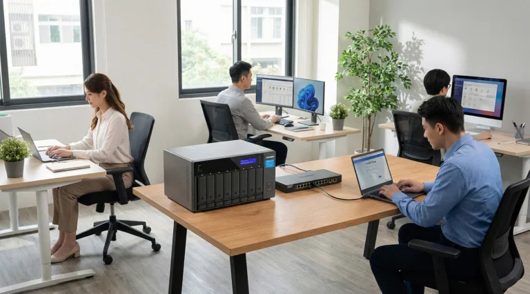 QNAP QSW-L2110 in uno scenario d'uso con NAS e postazioni di lavoro