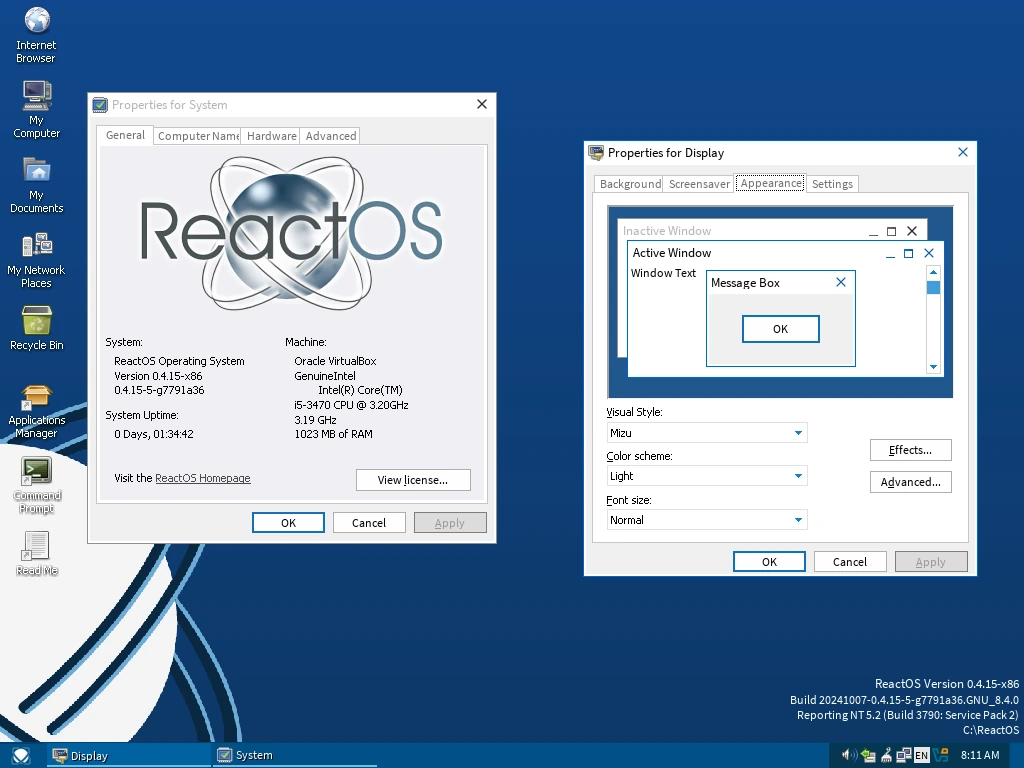 Desktop ReactOS con tema Mizu: immagine illustrativa dalla galleria ufficiale, non la nuova build NTFS