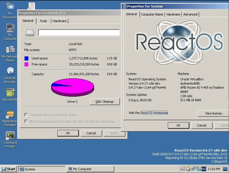 Schermata ufficiale ReactOS 0.4.17-dev con le proprietà del disco C: su NTFS