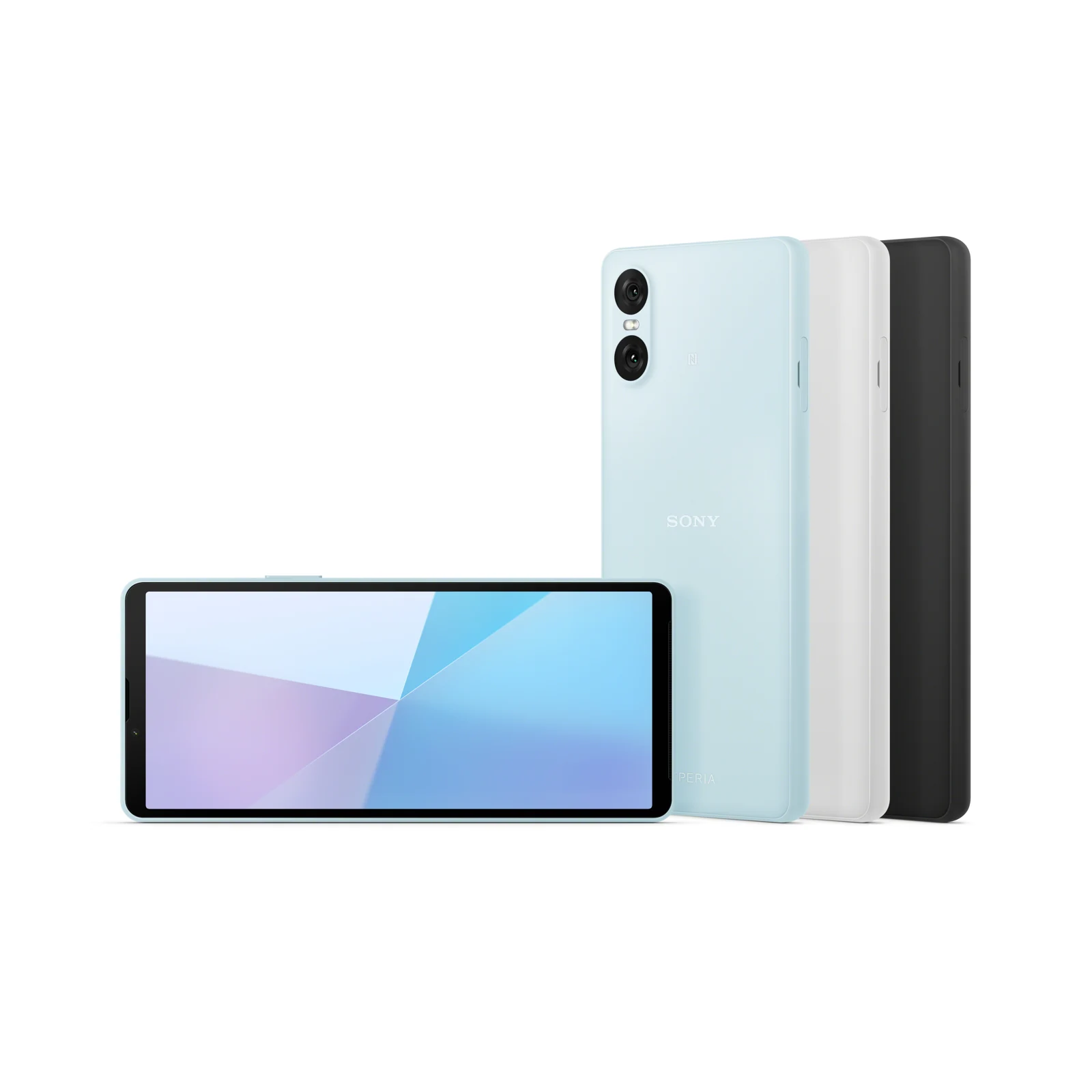 Sony Xperia 10 VI nei colori blu, bianco e nero, foto ufficiale di repertorio