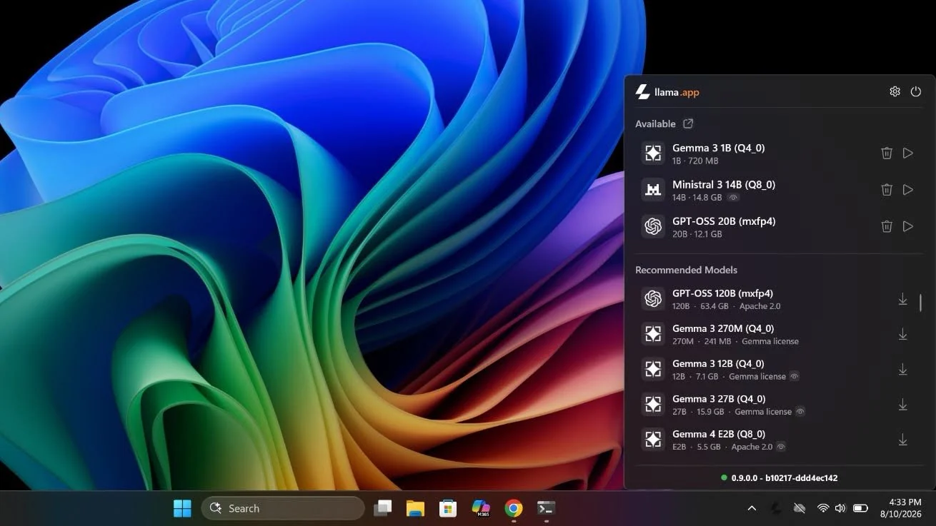 App Llama per Windows con selezione dei modelli locali