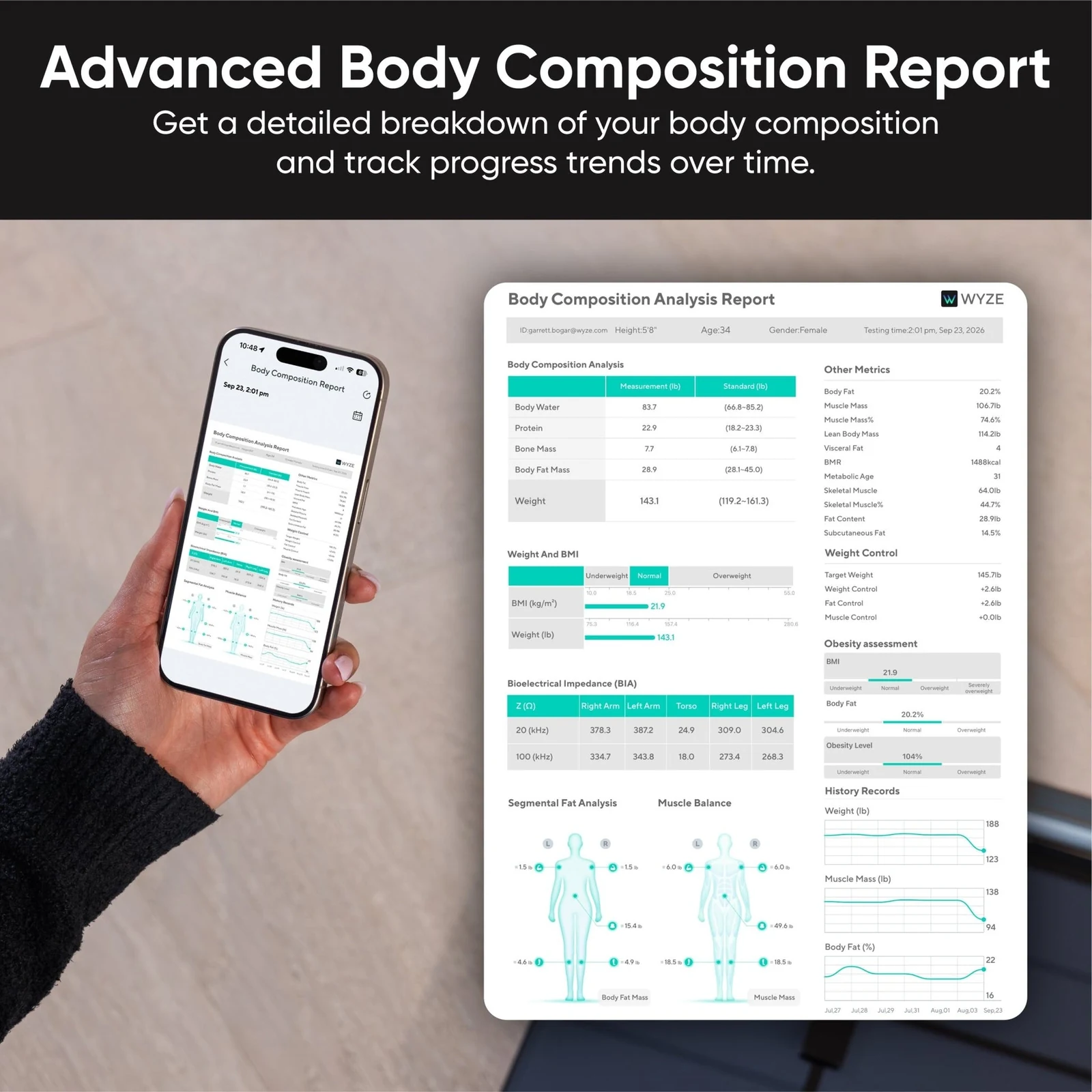 Esempio promozionale del rapporto sulla composizione corporea nell’app Wyze