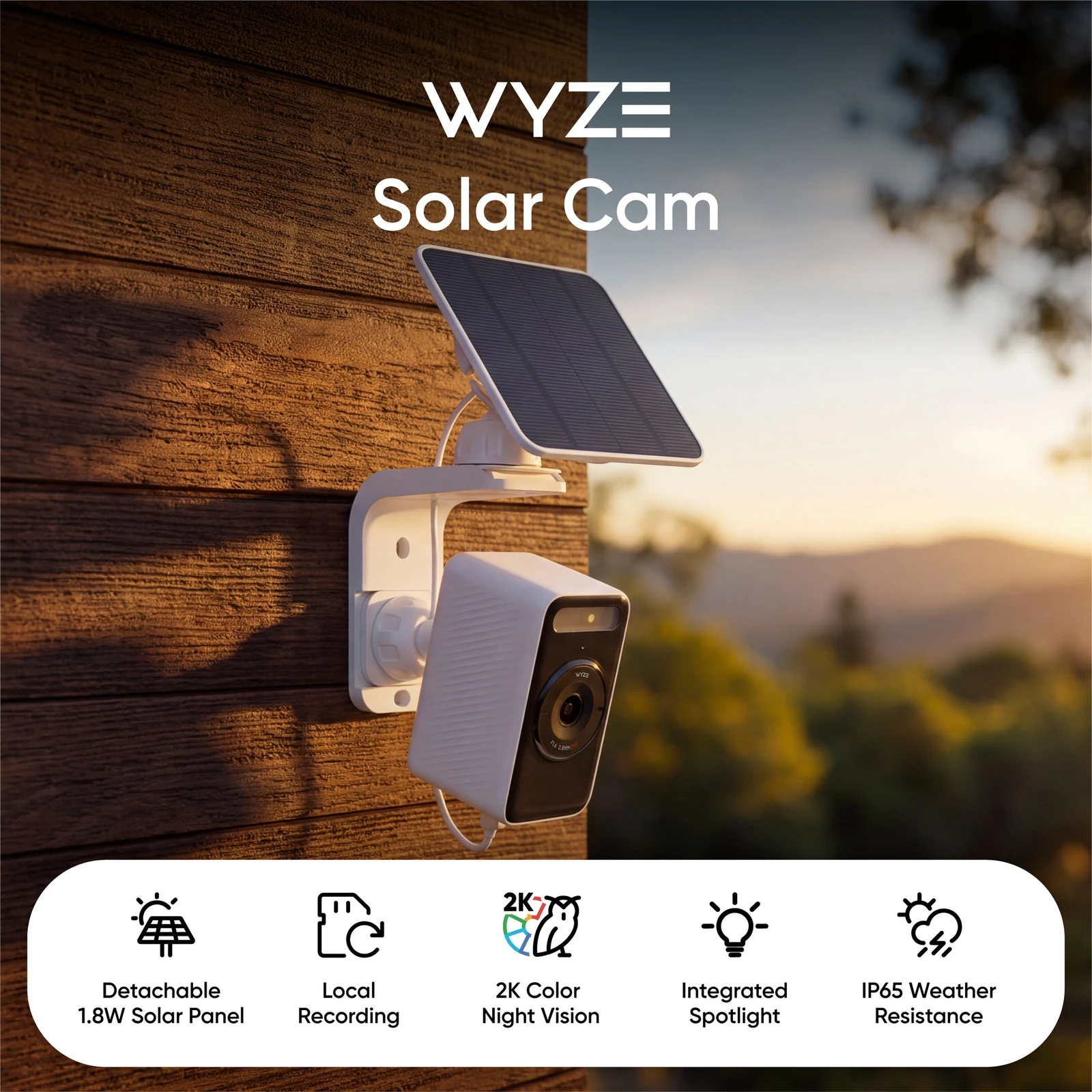 Immagine promozionale della Wyze Solar Cam con illuminatore e pannello
