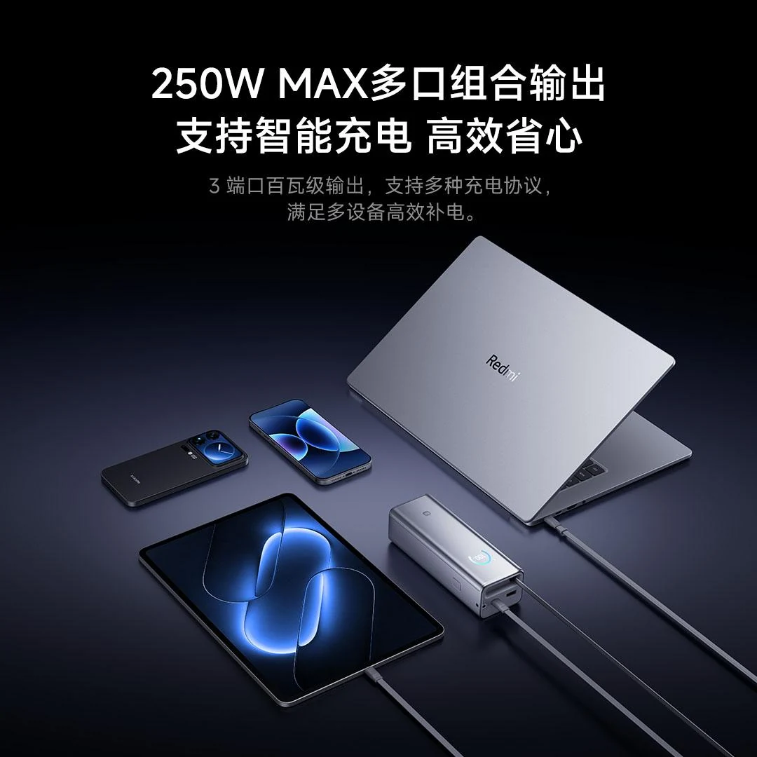 Xiaomi Pro 25000 250W illustrato con più dispositivi in carica
